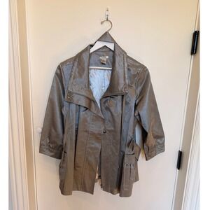 Cache Womens Silver Metallic Linen Blend Blazer Jacket Size L 3/4 Sleeve